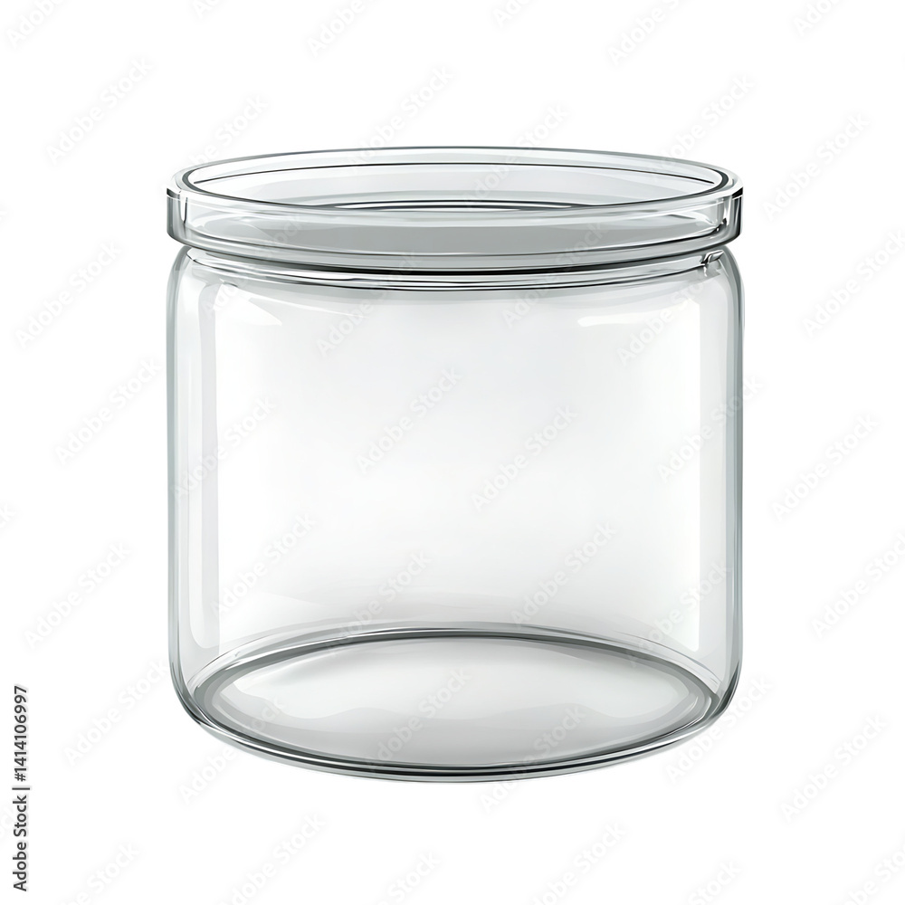 Clear cylindrical glass storage jar with reflective metal lid seen from front view showing clean minimal container design on a transparent background