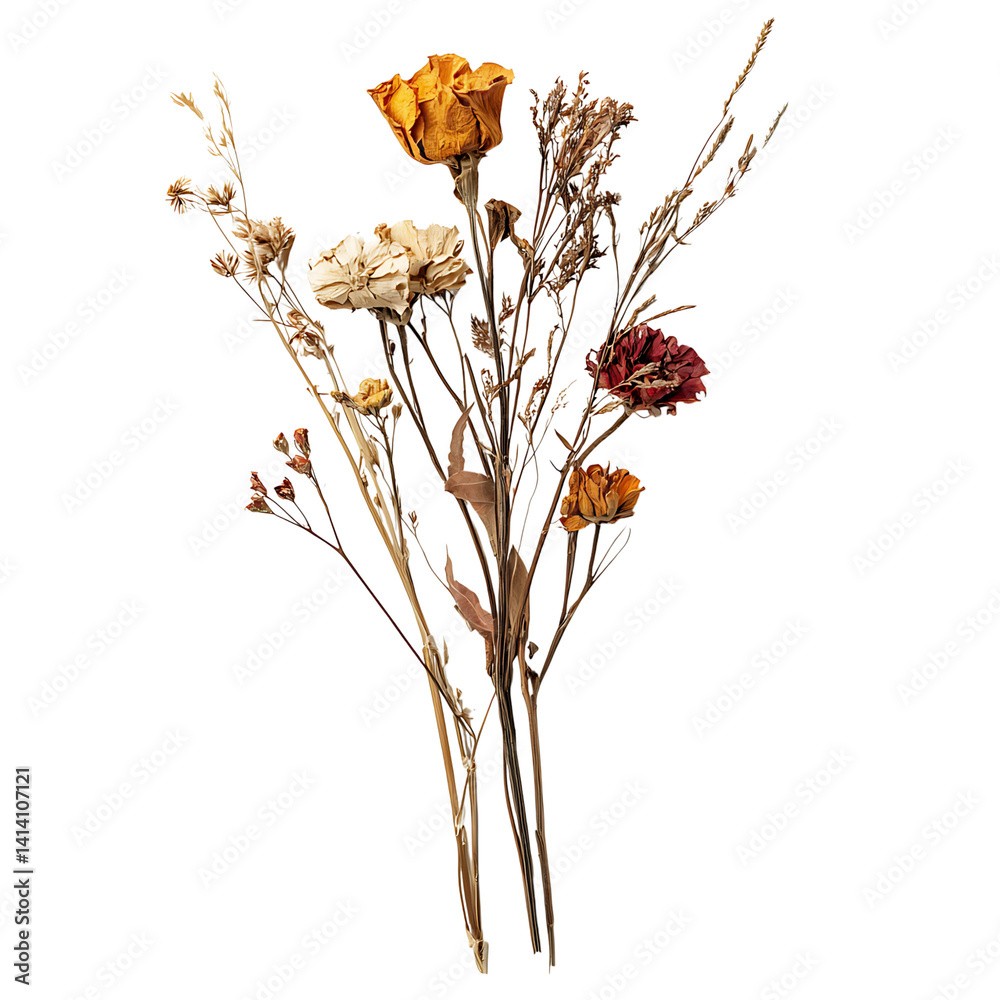 Artistic bouquet of dried wildflowers in warm tones with multiple stems and delicate petals showing natural textures and plant variety on a transparent background