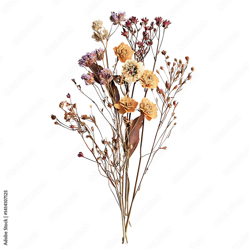 Artistic bouquet of dried wildflowers in warm tones with multiple stems and delicate petals showing natural textures and plant variety on a transparent background