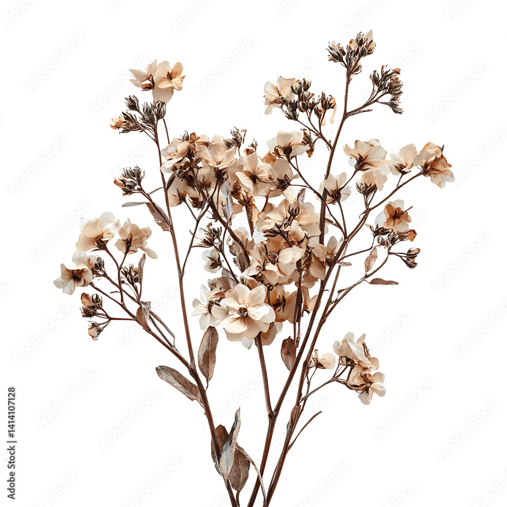 Artistic bouquet of dried wildflowers in warm tones with multiple stems and delicate petals showing natural textures and plant variety on a transparent background