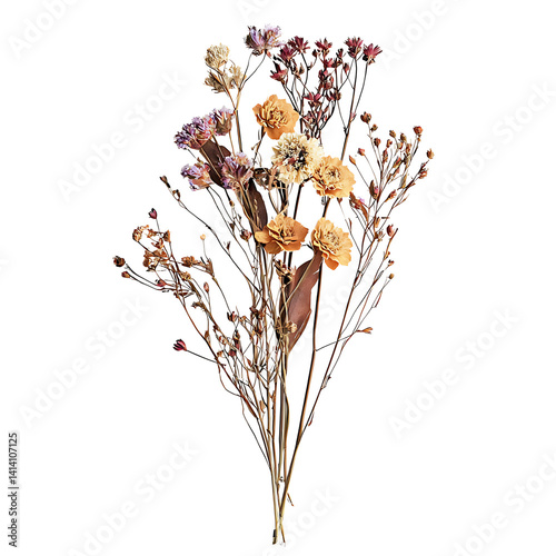 Obraz na płótnie Artistic bouquet of dried wildflowers in warm tones with multiple stems and delicate petals showing natural textures and plant variety on a transparent background w salonie