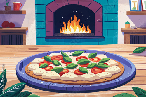 freshly baked pizza Margherita on a rustic wooden table inside a traditional Neapolitan pizzeria. brick walls, vintage Italian pizza, cartoon design Flat style vector illustration