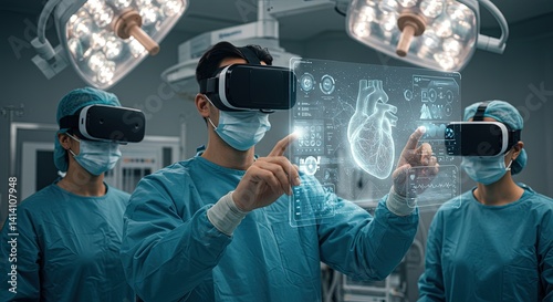 Surgical Team in VR: Holographic Heart Study Under Operating Room Lights.