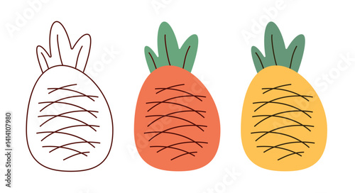 Tropical summer fruit pineapple isolated on white background. Pineapple cartoon vector icon. isolated element, Illustration for print, logo, banner. line art