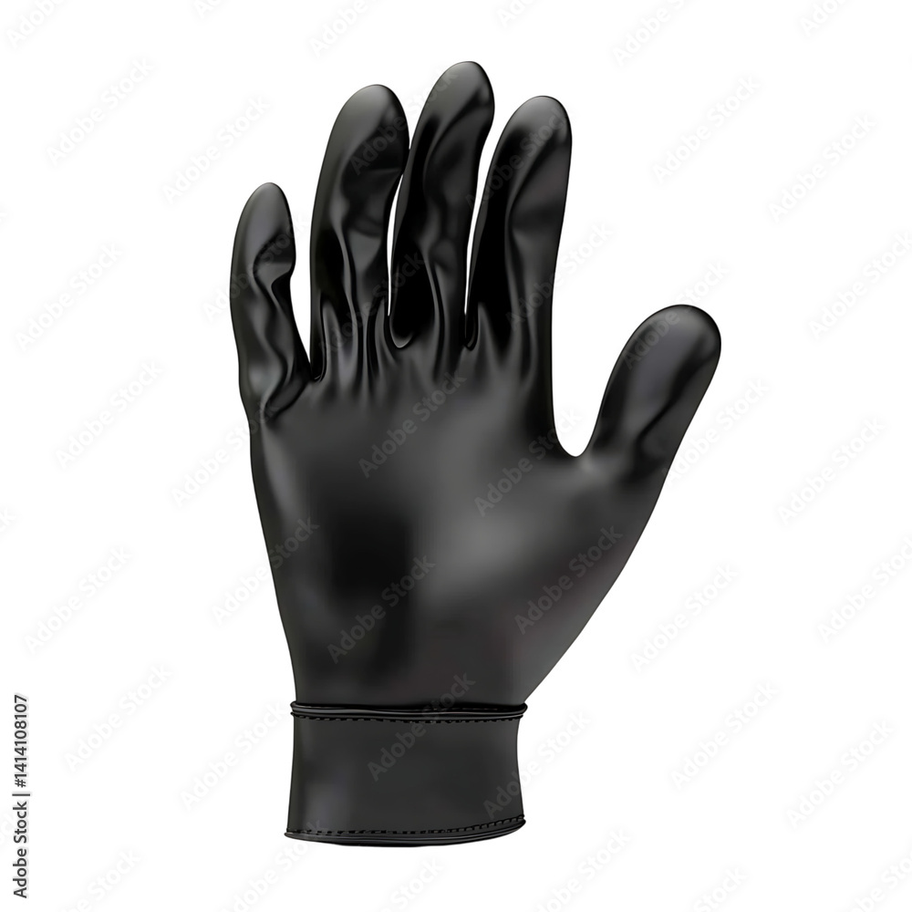 Black rubber glove shaped for right hand with flexible form and soft reflective surface used for household or hygiene tasks on a transparent background