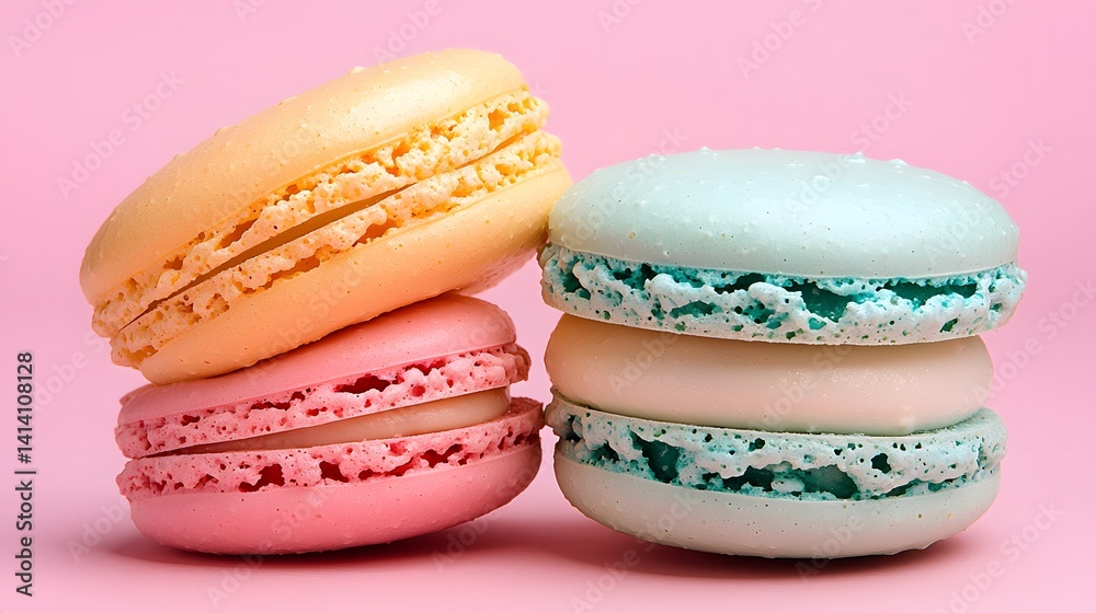 Close Up of Stacked Pastel Macarons on Pink Background Gourmet Food Still Life Close Up of Stacked Pastel Macarons on Pink Background Gourmet Food Still Life
