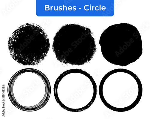 Vector Set of Black Brush Stroke Circles with Grunge and Texture