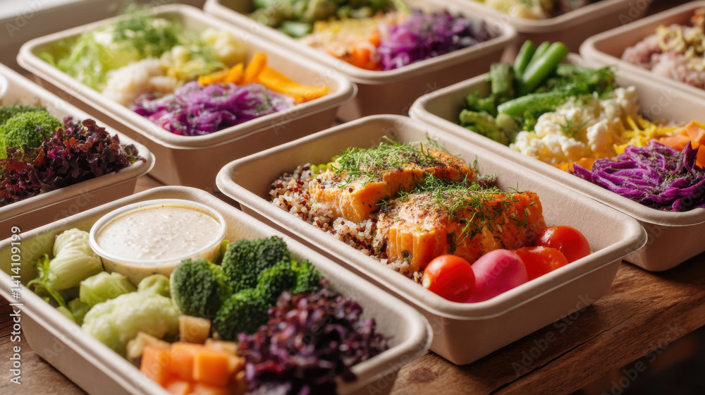 Close-up of healthy meal prep with colorful vegetables, grains, and sauces in eco-friendly containers Close-up of healthy meal prep with colorful vegetables, grains, and sauces in eco-friendly containers