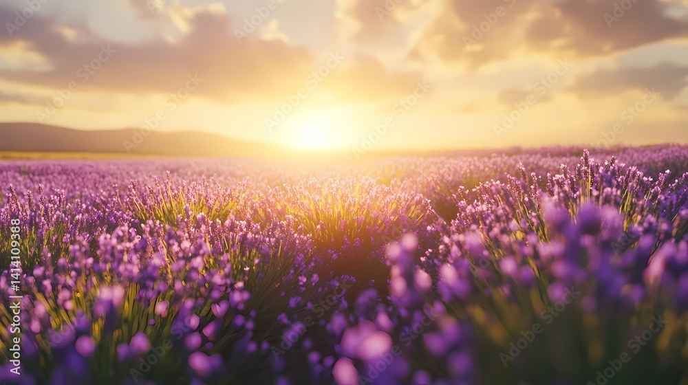 Fototapeta premium Lavender fields at sunrise, warm glow, purple blooms, serene landscape, horizon view, tranquil morning light