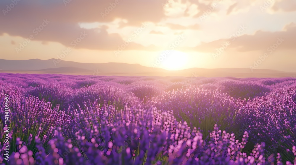 Obraz premium Lavender fields at sunset, vibrant purple blossoms, serene horizon, tranquil atmosphere, nature's beauty, peaceful escape