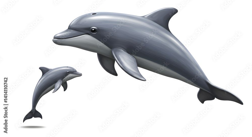 Illustration of two playful dolphins swimming side by side on white Illustration of two playful dolphins swimming side by side on white