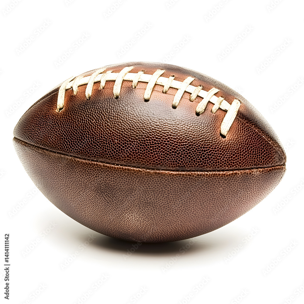 Clean white background with perfectly centered football in sharp focus, featuring soft lighting and clear leather texture, ideal for sport themes, training ads, or team-based promotional content