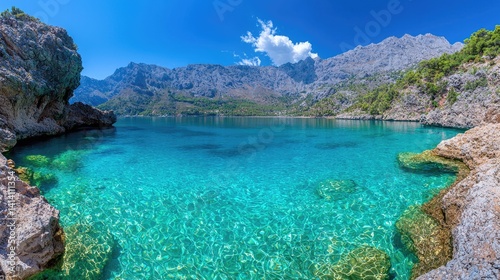Stunning turquoise cove panoramic view serene coastal landscape ideal for travel and vacation advertising