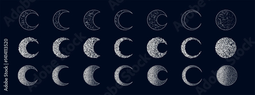 Set of silver glitter moon phase icons. Includes crescent, full, half, and new moon shapes. Vector symbols for celestial, astronomy, or astrology themed projects.