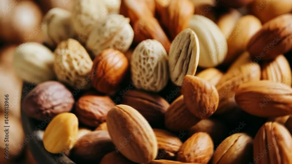 Assorted nuts in a dark bowl, close-up view of a variety of nuts Assorted nuts in a dark bowl, close-up view of a variety of nuts