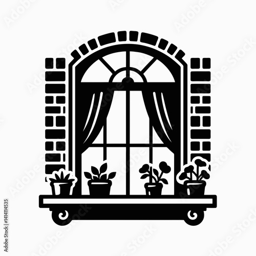  very simple flat and single minimalist Window Sill Silhouettes in black on a white background