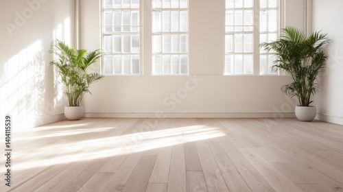 Empty room with two large windows on the wall. the room has a wooden floor made of light-colored wood planks and white walls.