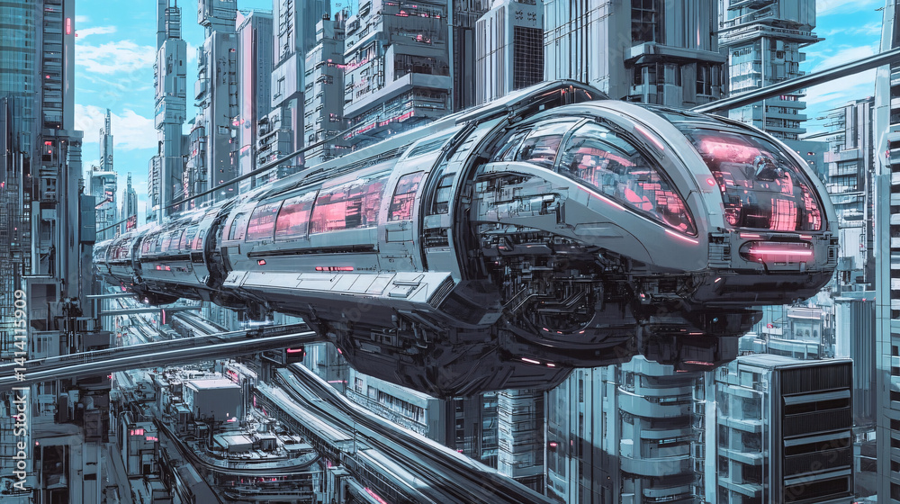 A cinematic sci-fi style metropolis featuring high-tech architecture, reflective glass skyscrapers, and advanced transportation systems with autonomous vehicles.