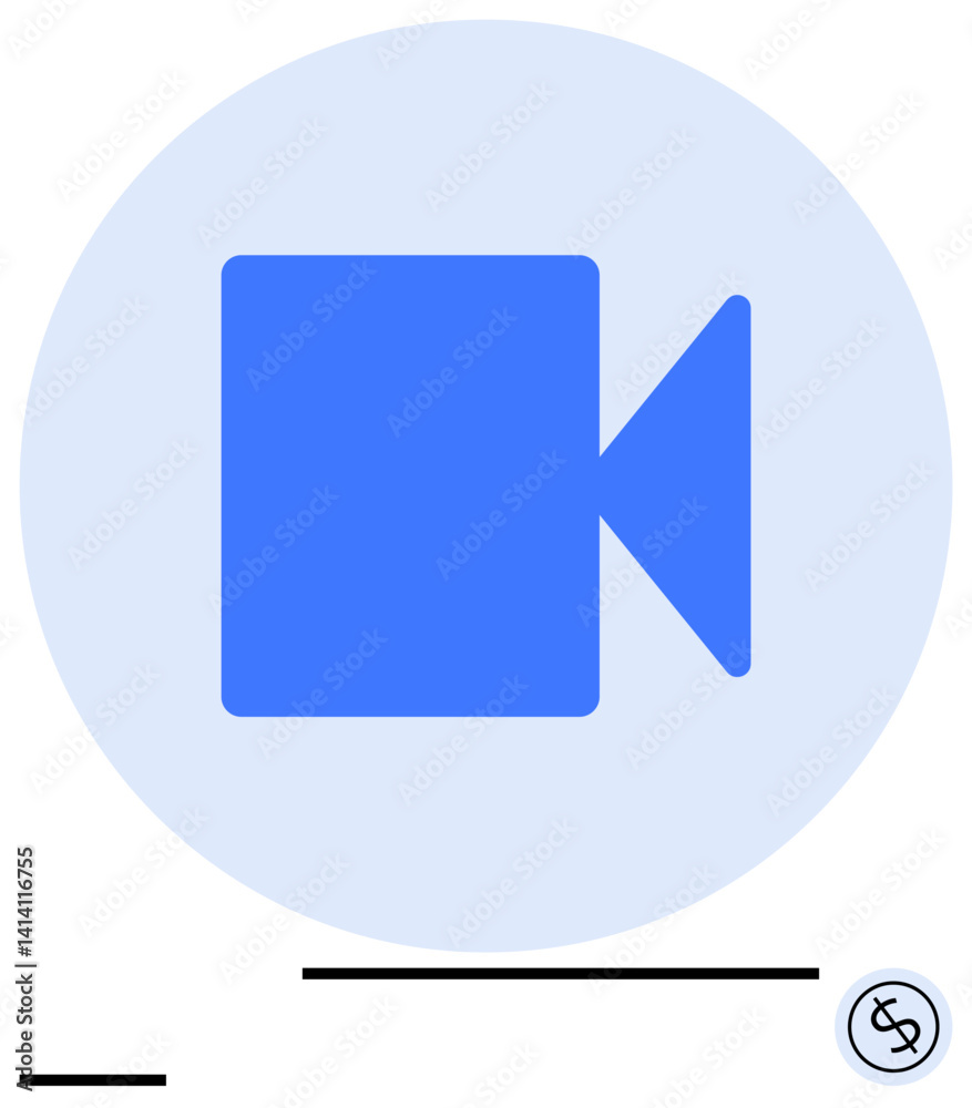 Blue camera inside a circular gradient. Small currency icon for monetization. Ideal for video platforms, streaming, remote work, marketing, monetization tools, online education, simple landing page Blue camera inside a circular gradient. Small currency icon for monetization. Ideal for video platforms, streaming, remote work, marketing, monetization tools, online education, simple landing page