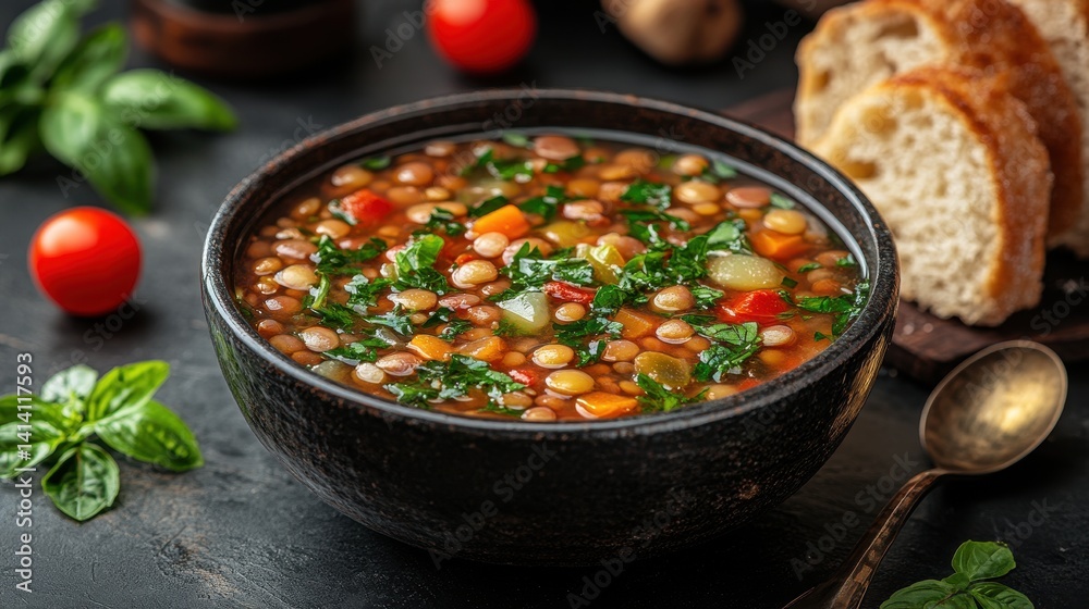 Hearty lentil soup with vegetables and bread. Hearty lentil soup with vegetables and bread.