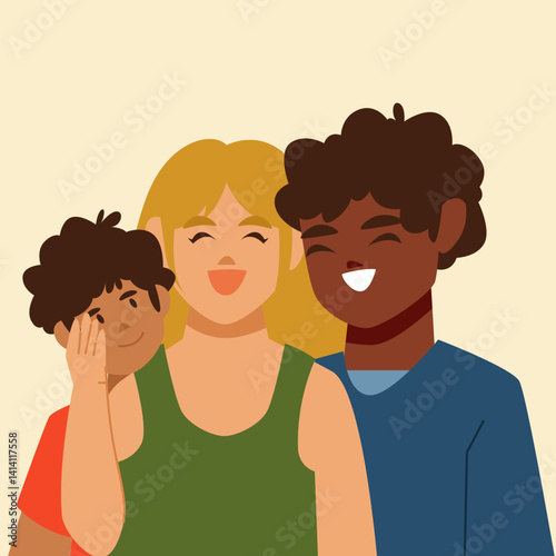A happy and diverse family of three shares a joyful moment together, smiling warmly.