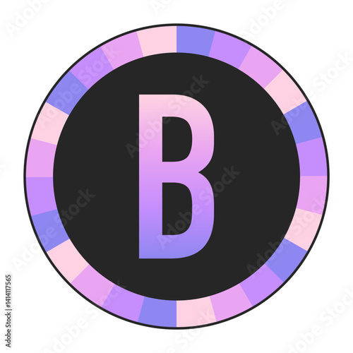 Gradient CAPITAL Letter B in Purple and Pink with Pastel Pink and Blue Circular Frame on Light Background, enclosed in a black frame.