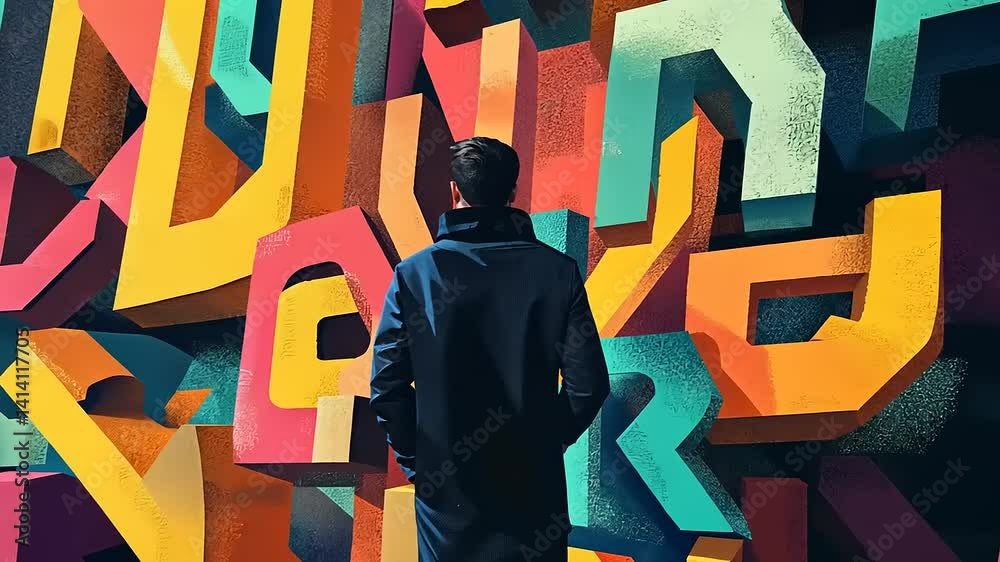 Person standing in front of vibrant, colorful abstract letters on a city wall, contemplating art