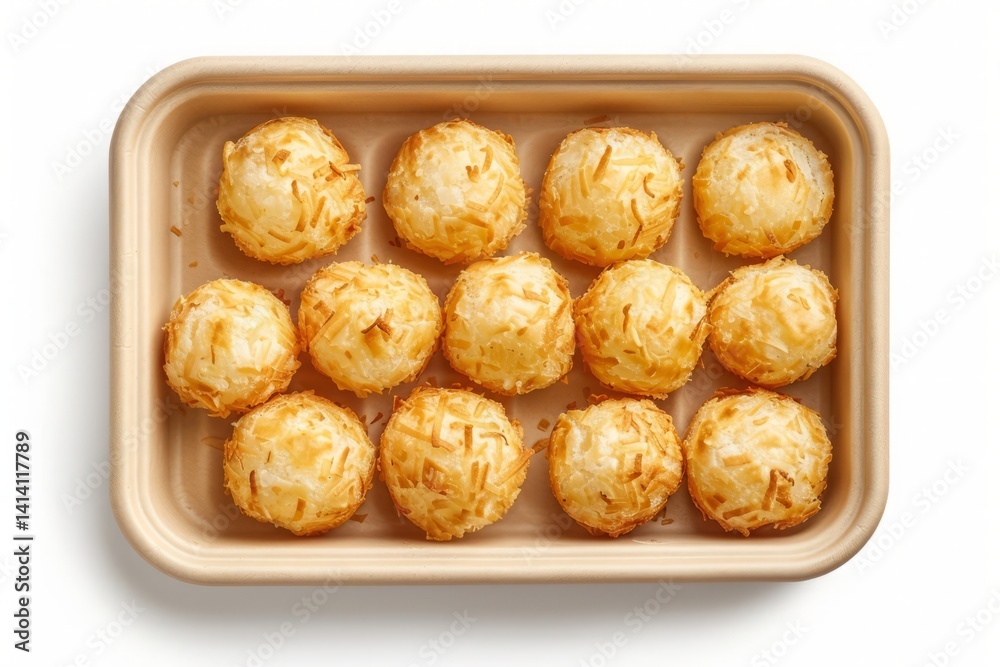 Freshly Baked Coconut Macaroons on Beige Tray, Close-Up View Freshly Baked Coconut Macaroons on Beige Tray, Close-Up View
