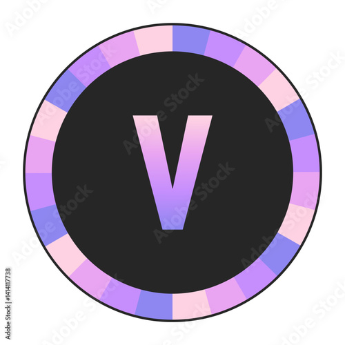 Gradient lowercase Letter v in Purple and Pink with Pastel Pink and Blue Circular Frame on Light Background, enclosed in a black frame.