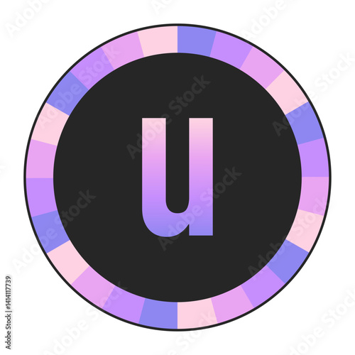 Gradient lowercase Letter u in Purple and Pink with Pastel Pink and Blue Circular Frame on Light Background, enclosed in a black frame.