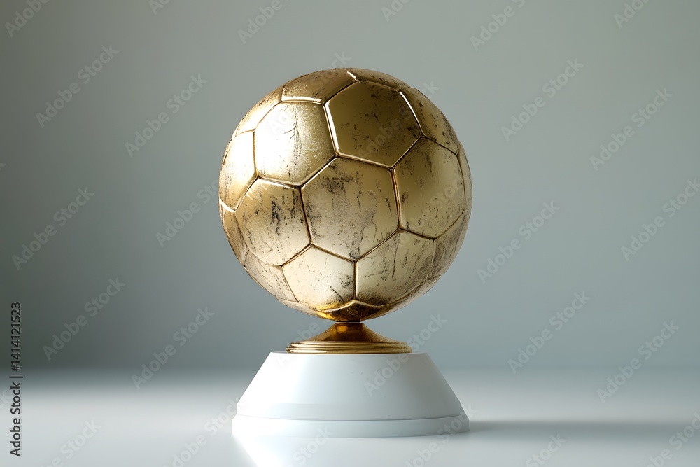 Golden football with elegant finish placed on glossy white reflective base, captured in studio with clean composition and soft lighting for luxury sport themes, branding, or high-end decor visuals