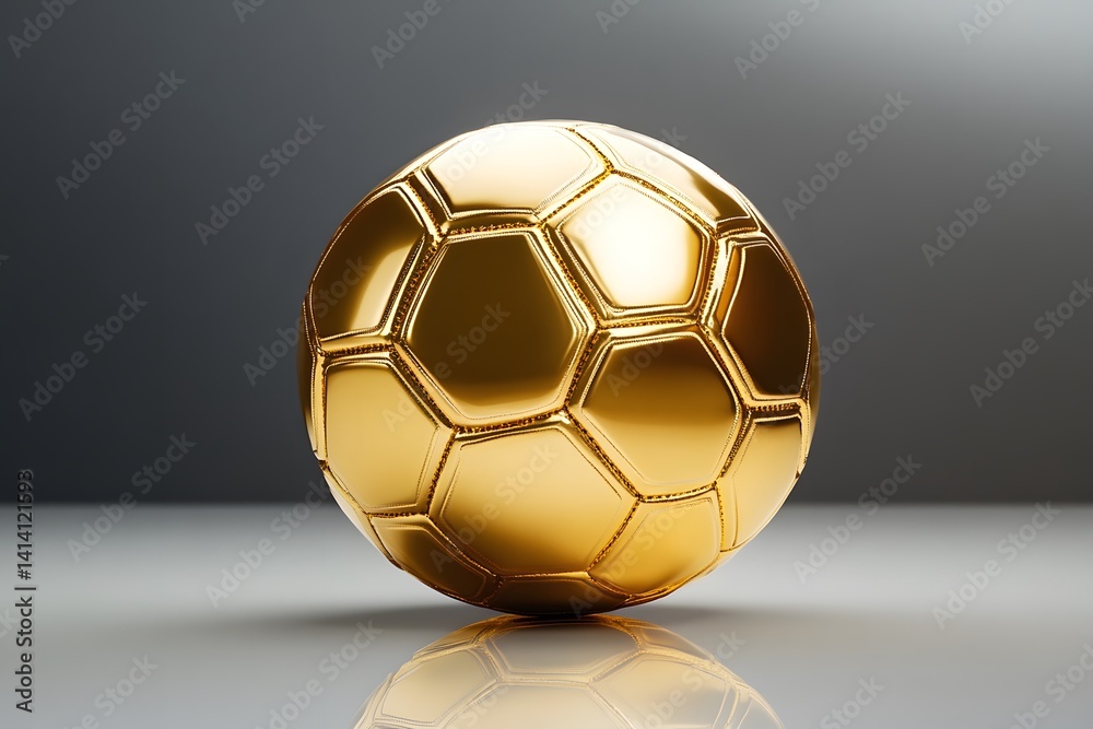 Golden football with elegant finish placed on glossy white reflective base, captured in studio with clean composition and soft lighting for luxury sport themes, branding, or high-end decor visuals