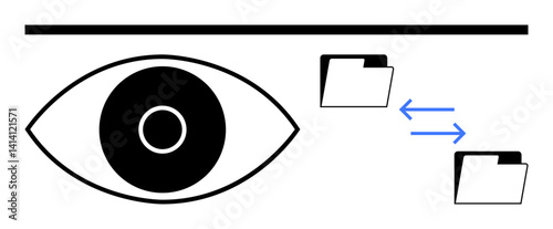 Eye observing the interaction between two file folders connected by arrows. Ideal for data transfer, digital security, oversight, file sharing, surveillance, file management, and simple landing page