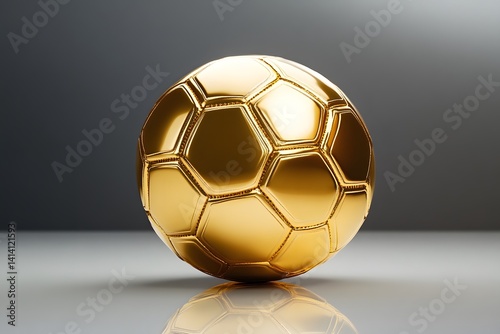 Obraz na płótnie Golden football with elegant finish placed on glossy white reflective base, captured in studio with clean composition and soft lighting for luxury sport themes, branding, or high-end decor visuals w salonie