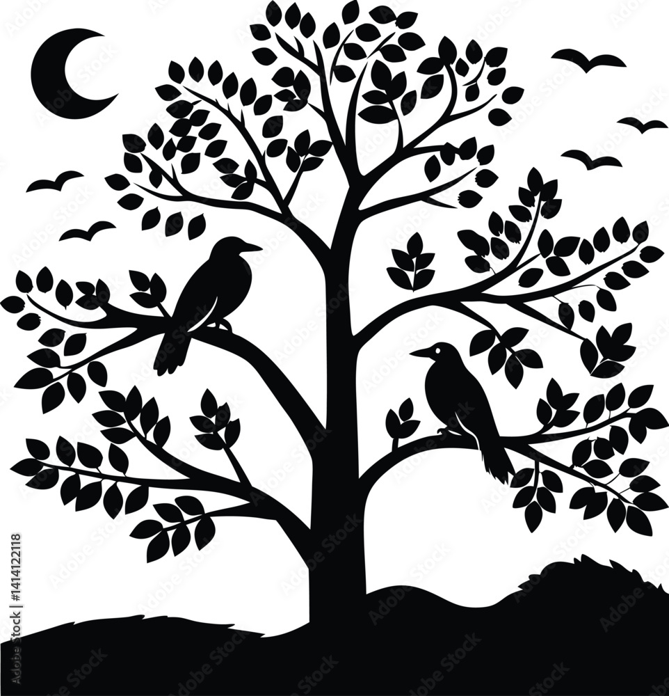 Fototapeta premium Silhouette of Birds on a Leafy Tree at Night