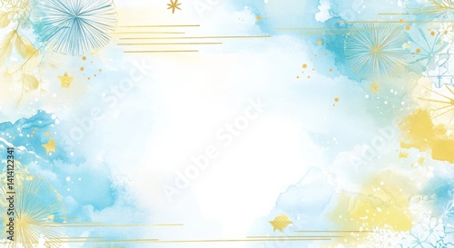 Watercolor pastel background with light blue and yellow tones, white central space, golden line patterns and stars