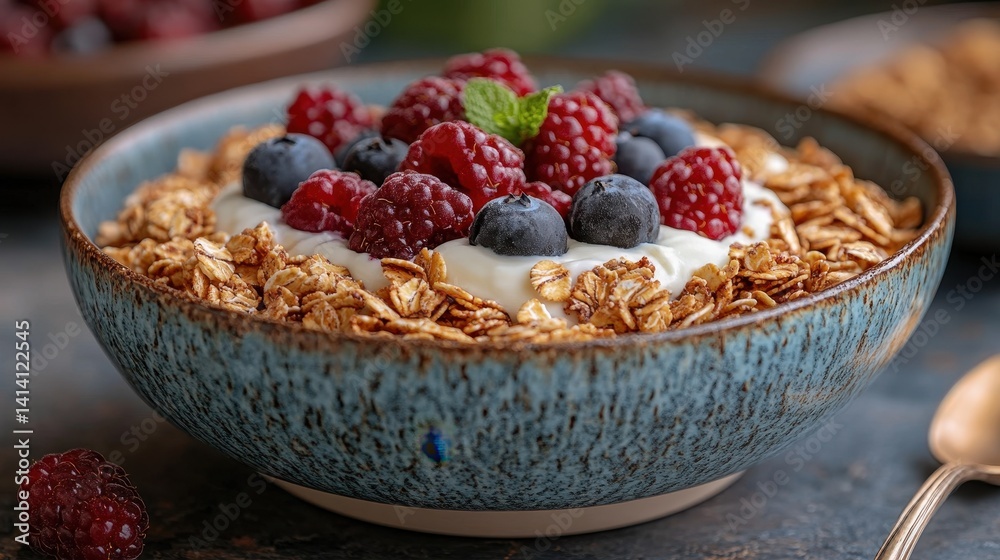 Fresh granola parfait topped with berries and yogurt.