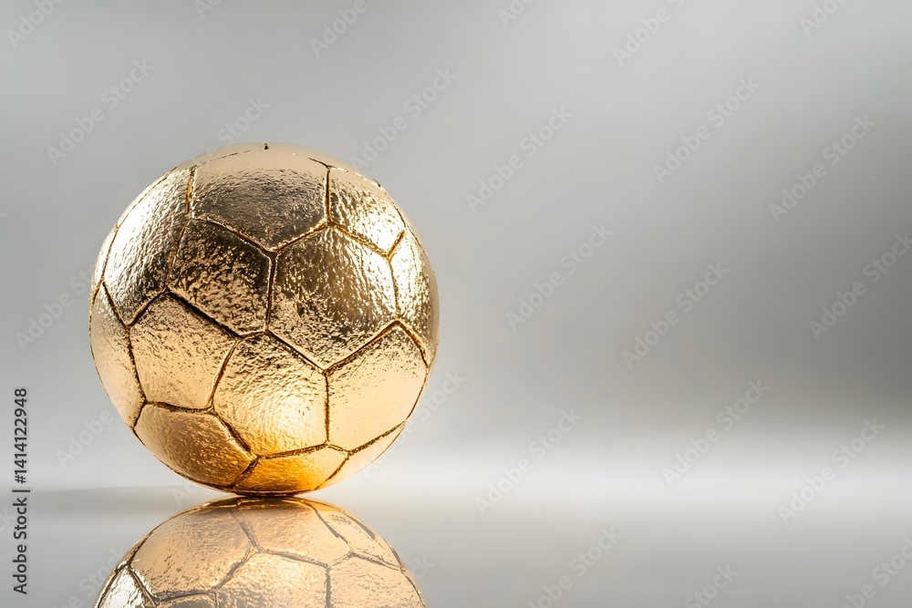 Golden football with elegant finish placed on glossy white reflective base, captured in studio with clean composition and soft lighting for luxury sport themes, branding, or high-end decor visuals