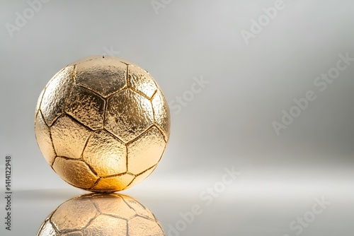 Obraz na płótnie Golden football with elegant finish placed on glossy white reflective base, captured in studio with clean composition and soft lighting for luxury sport themes, branding, or high-end decor visuals w salonie