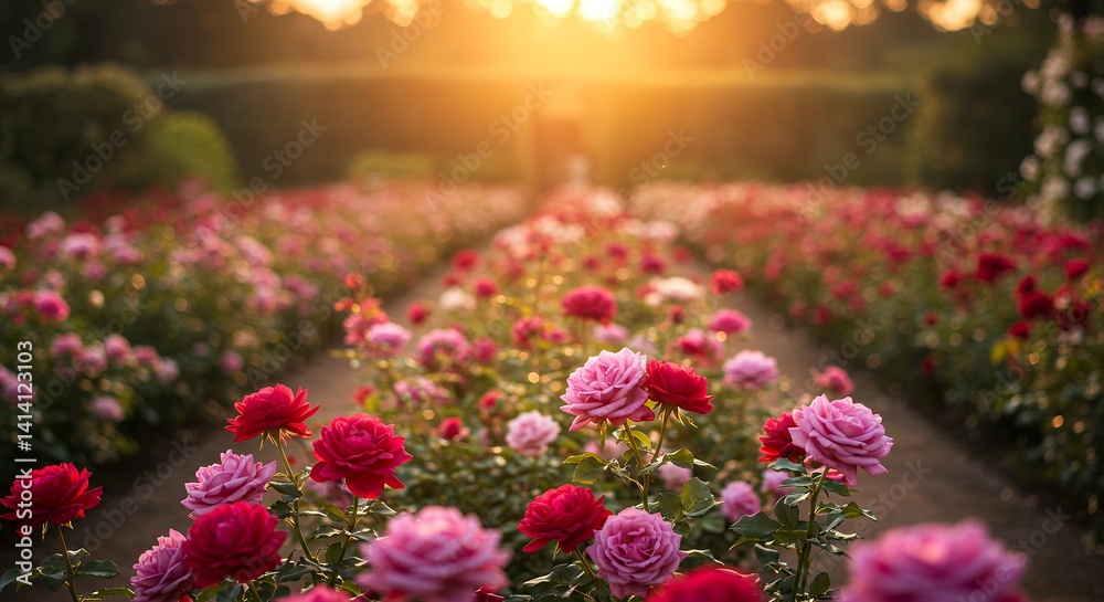 Naklejka premium Beautiful Rose Garden in Natural Sunlight
