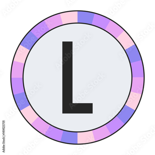 Modern Monogram CAPITAL Letter L in Black with Soft Pastel Pink and Blue Circular Frame on Light Gray, enclosed in a black frame.