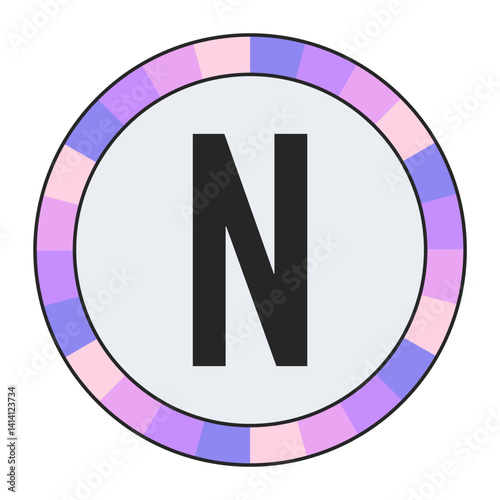 Modern Monogram CAPITAL Letter N in Black with Soft Pastel Pink and Blue Circular Frame on Light Gray, enclosed in a black frame.
