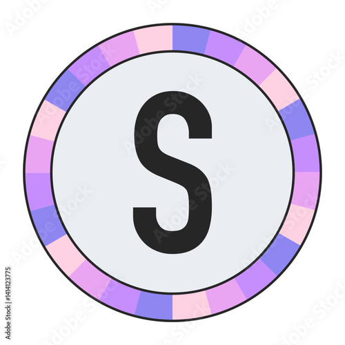 Modern Monogram CAPITAL Letter S in Black with Soft Pastel Pink and Blue Circular Frame on Light Gray, enclosed in a black frame.