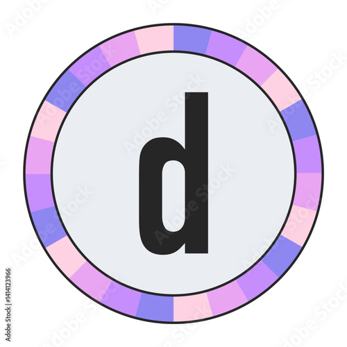 Modern Monogram lowercase Letter d in Black with Soft Pastel Pink and Blue Circular Frame on Light Gray, enclosed in a black frame.