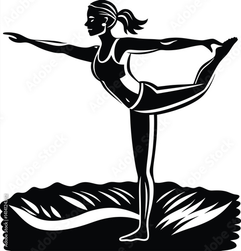 Woman Performing Natarajasana Yoga Pose Black and White Illustration
