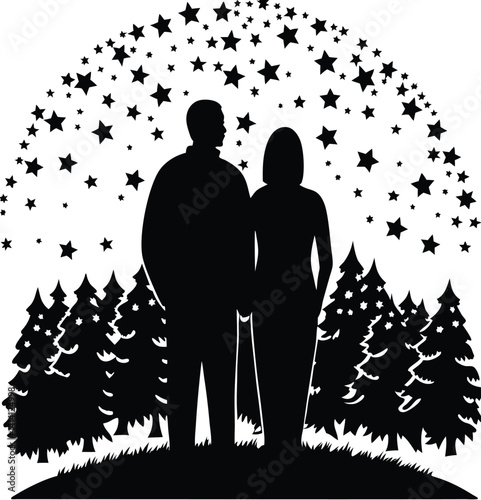 Silhouette Couple in Winter Forest with Starry Sky
