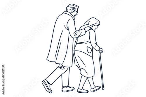 Grandma Supporting Grandpa Line Art Drawing