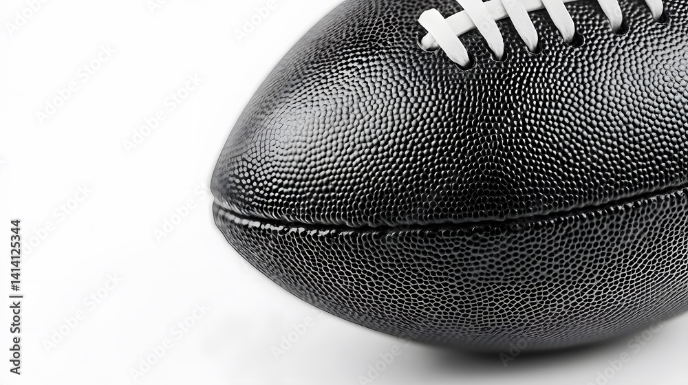 Classic black-white football photographed in close-up against pure white background, emphasizing clean shape, detailed texture, and high contrast for modern studio-based sport concepts