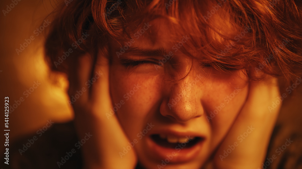 Close-up of a person with red hair covering their ears, face showing distress, warm orange lighting, conveying anxiety or discomfort Close-up of a person with red hair covering their ears, face showing distress, warm orange lighting, conveying anxiety or discomfort