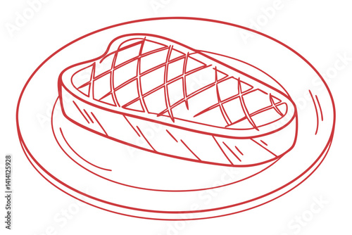 Cooked Steak Plate in Single Line Art